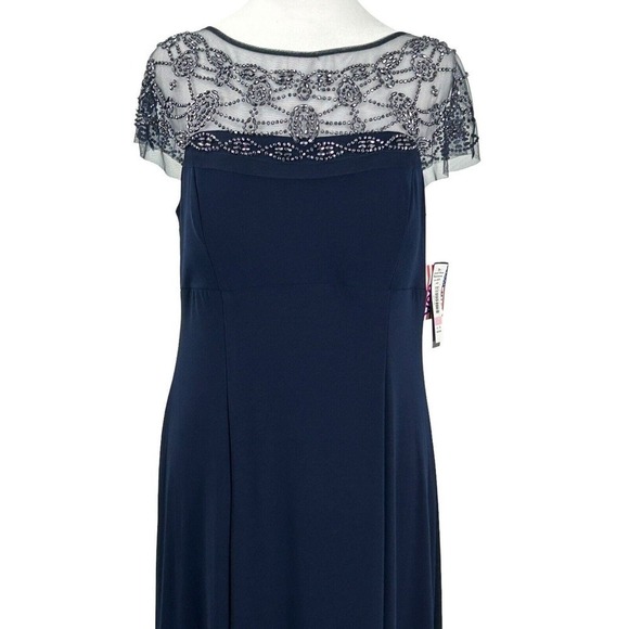 R&M RICHARDS Long Dress with Sheer Beaded Neck and Shoulder Size 10 Navy Blue - Picture 3 of 16